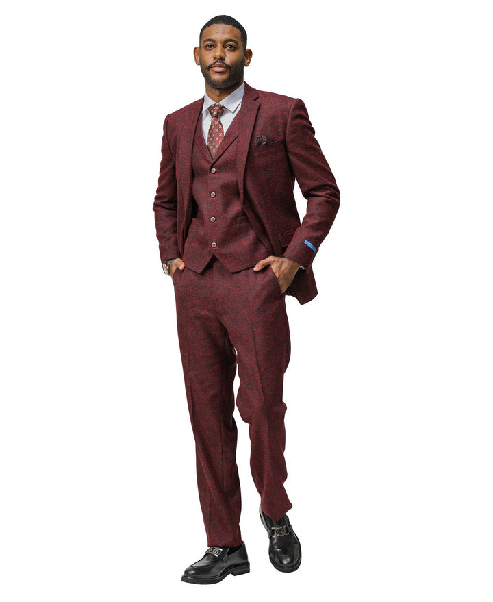 "Hybrid Fit" 3-Piece Tweed Suit with Notch Lapel by Sean Alexander - Burgundy