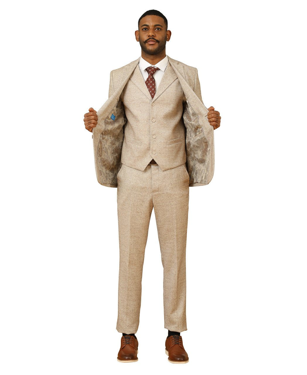 "Hybrid Fit" 3-Piece Tweed Suit with Notch Lapel by Sean Alexander - Beige