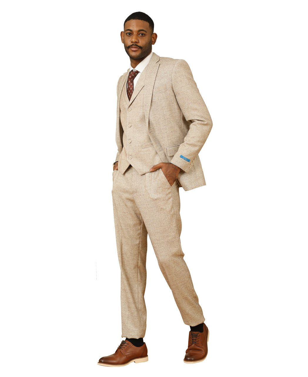 "Hybrid Fit" 3-Piece Tweed Suit with Notch Lapel by Sean Alexander - Beige - suit | New York Man Suits