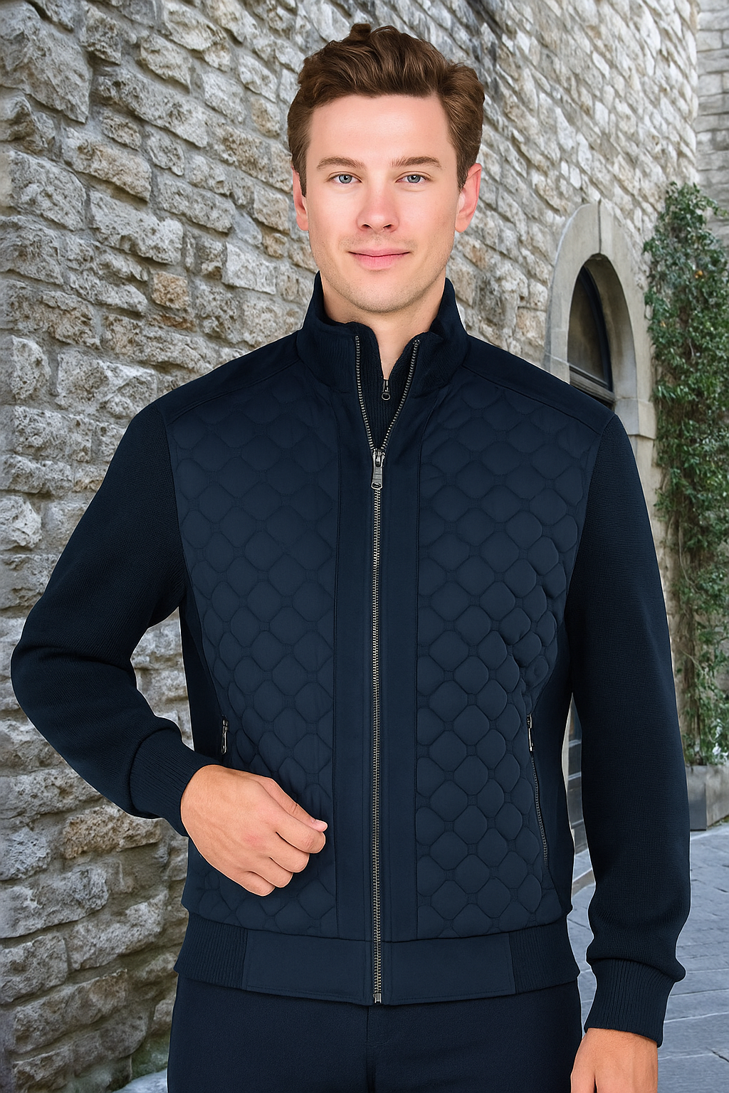 Enzo Quilted Front Zip Short Outwear Jacket-Navy - jacket - view 2 | New York Man Suits