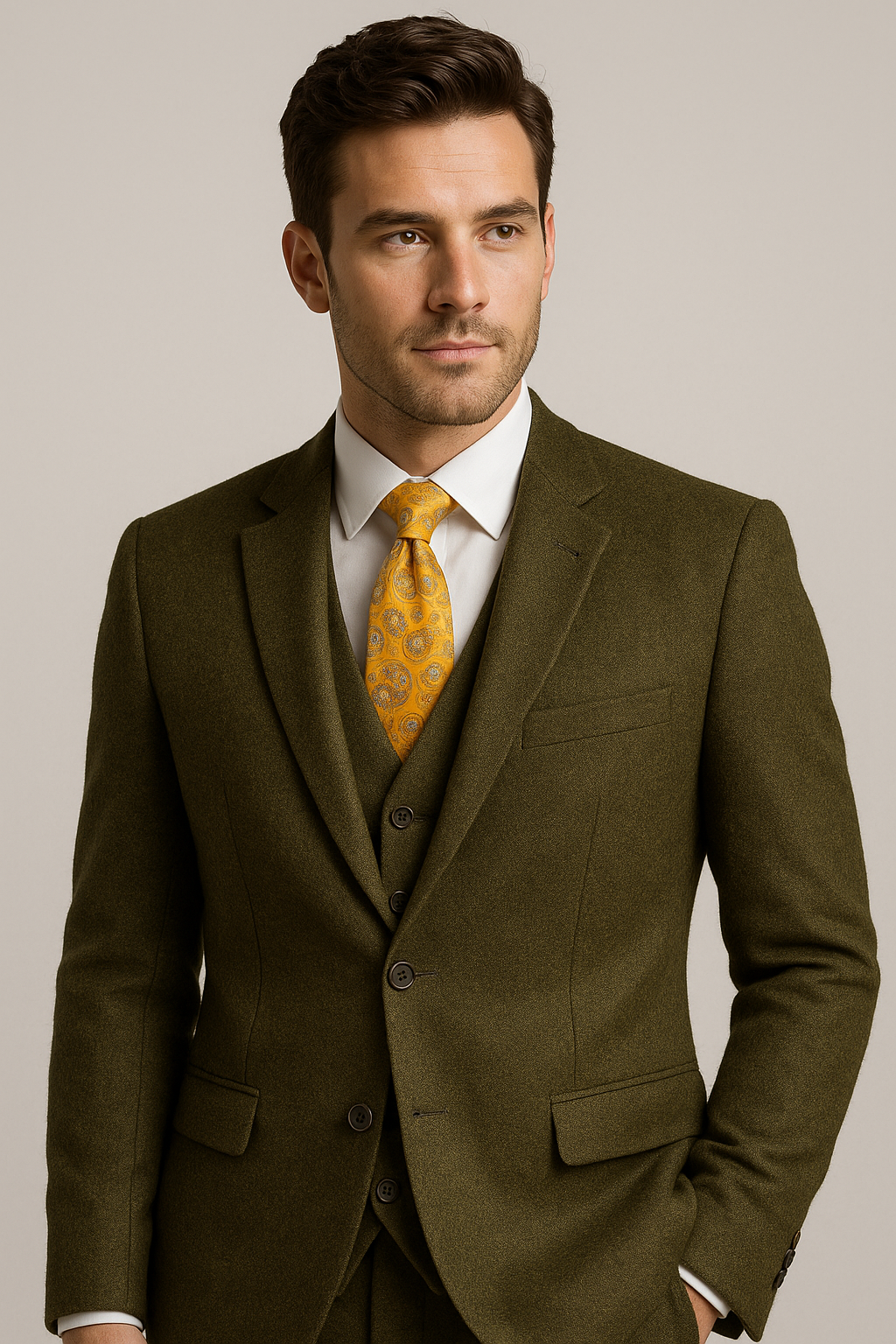 ELEGANZA 2BTD MODERN FIT Tweed 3 Piece Vested Suit-Olive