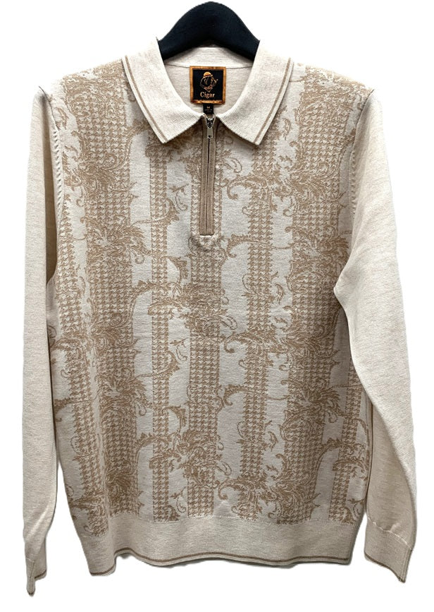 Cigar Knitted 1/4 Zip Polo Sweater-Cream