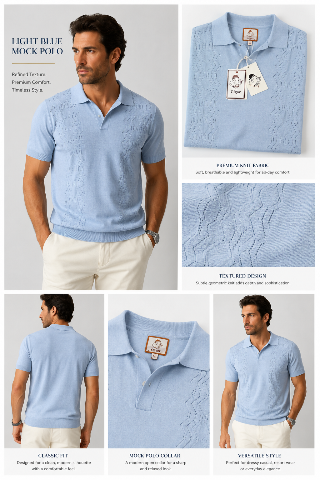 Cigar Short Sleeve Polo Knit Shirt-Sky