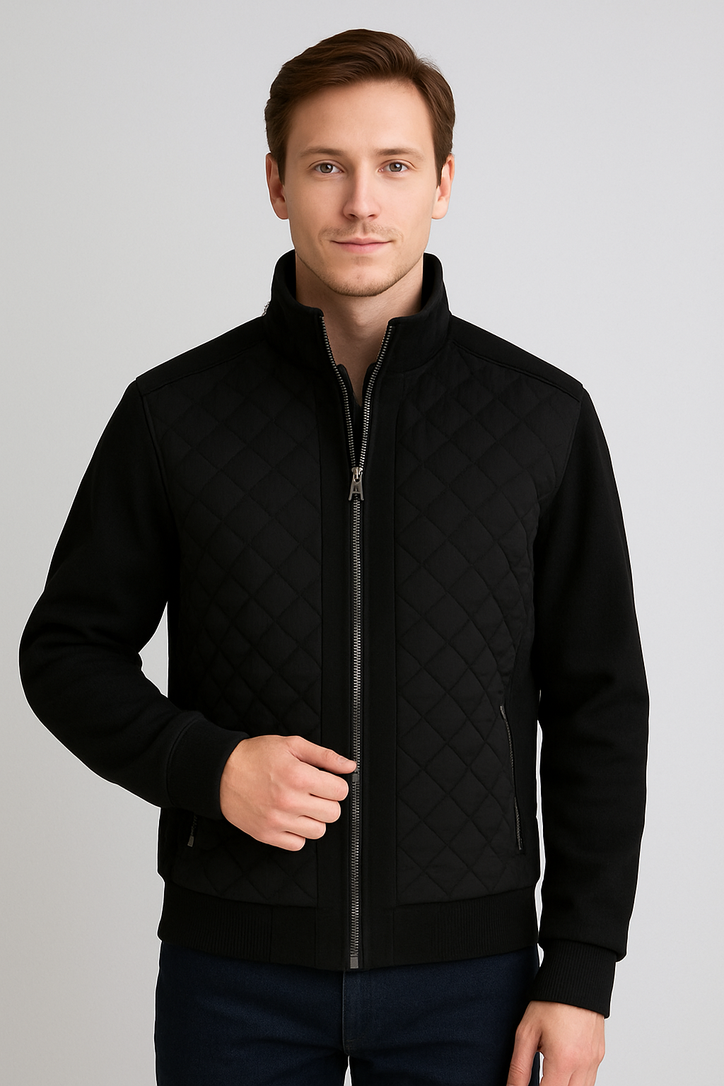 Enzo Quilted Front Zip Short Outwear Jacket-Black