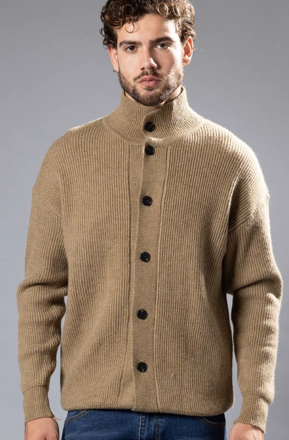 BeSpoke Mens Funnel Neck Ribbed Sweater-Taupe