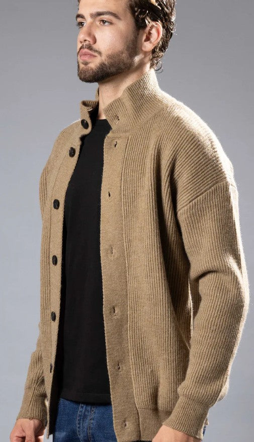 BeSpoke Mens Funnel Neck Ribbed Sweater-Taupe