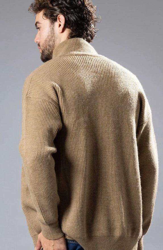 BeSpoke Mens Funnel Neck Ribbed Sweater-Taupe