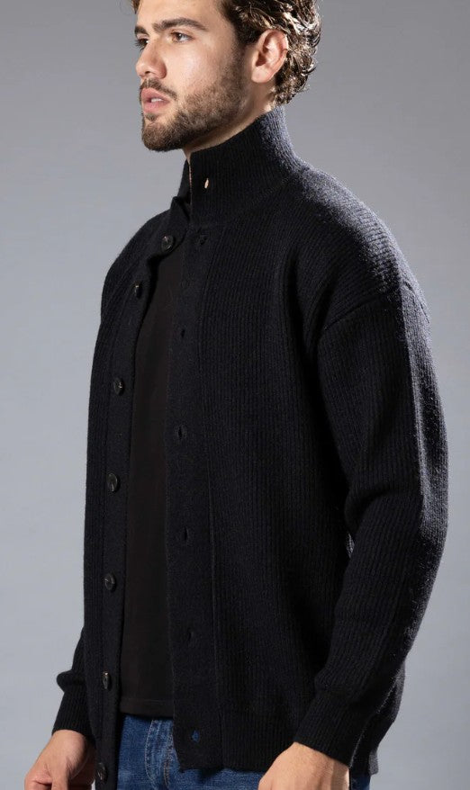 BeSpoke Mens Funnel Neck Ribbed Sweater-Black