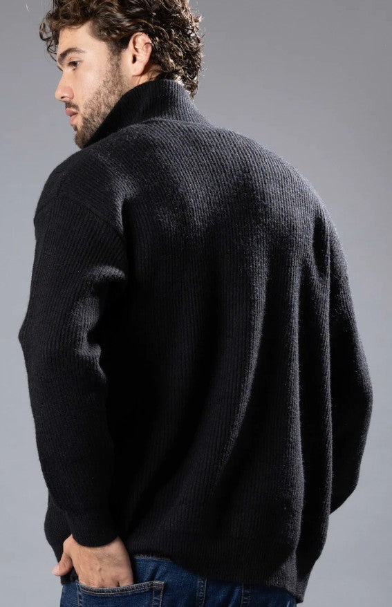 BeSpoke Mens Funnel Neck Ribbed Sweater-Black