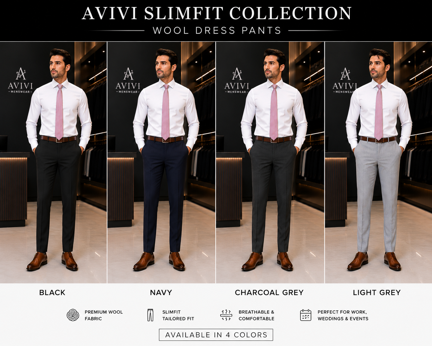 Avivi Collection Slim Fit Super Wool Dress Pants - pants in Black | New York Man Suits