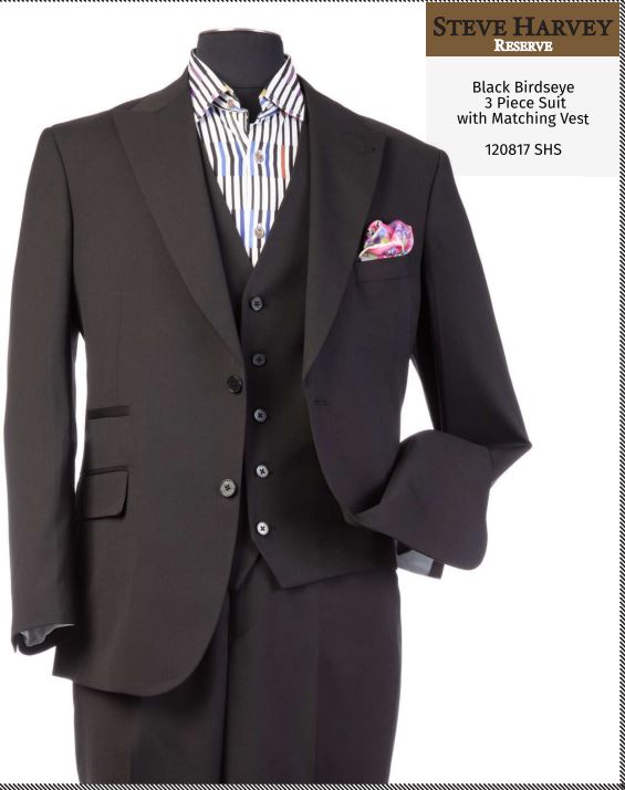 Steve Harvey Men`s Peak Lapel black Birdseye 3 Piece Suit with Matching Vest-Black