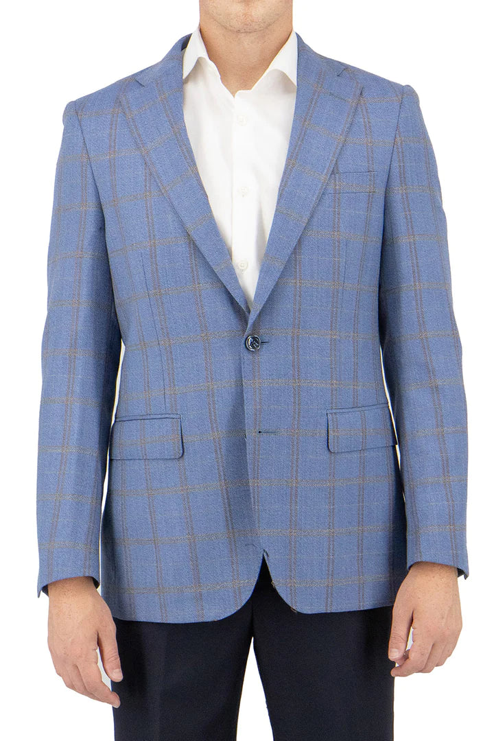Sky Blue with Gold and Brown Windowpane Modern Fit, Pure Wool  Sport Jacket by Tiglio
