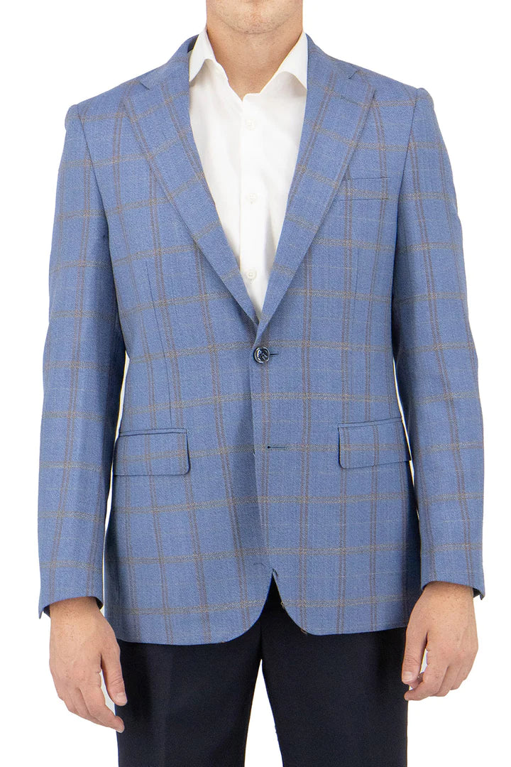 Sky Blue with Gold and Brown Windowpane Modern Fit, Pure Wool Sport Jacket by Tiglio - jacket in Blue WP | New York Man Suits
