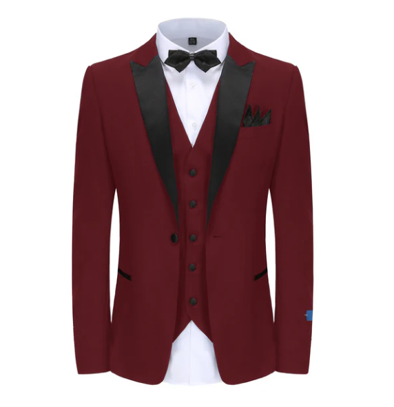 Gino Vitale Slim Fit Peak Lapel Three Piece Tuxedo - Burgundy