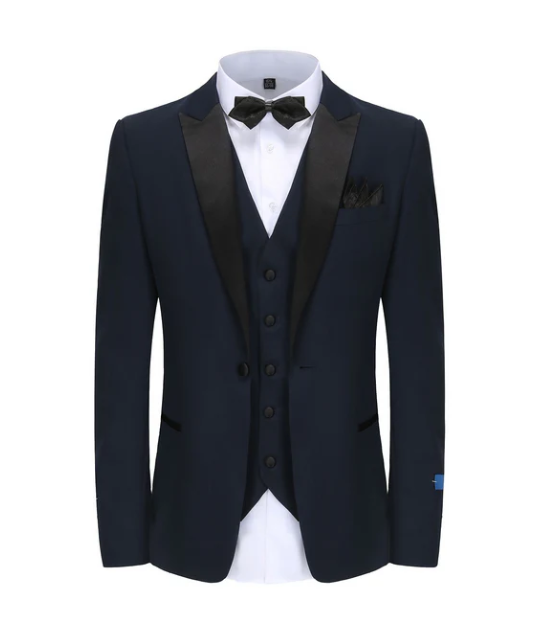 Gino Vitale Slim Fit Peak Lapel Three Piece Tuxedo - Navy