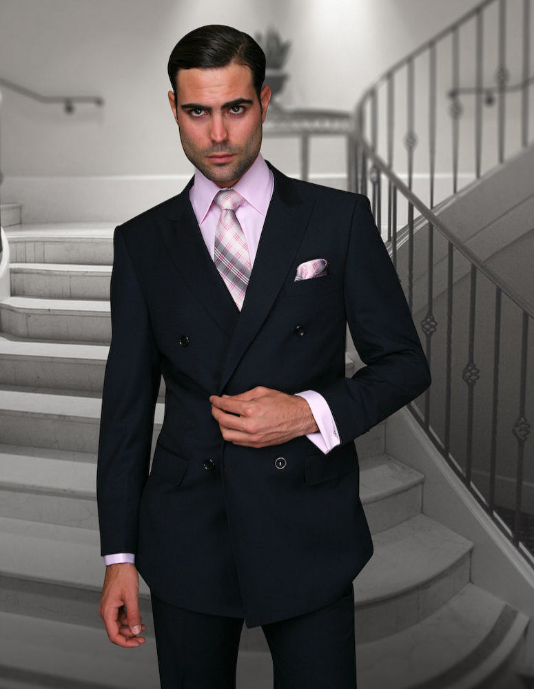 STATEMENT DOUBLE BREASTED SUPER 150 WOOL-Navy - suit | New York Man Suits