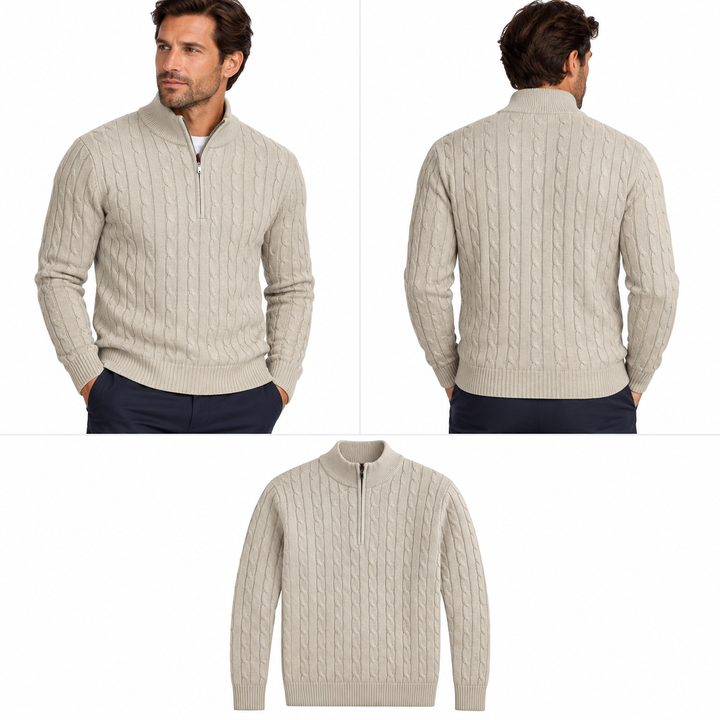 Lavane cable knit quarter-zip sweater in oatmeal - front, back and flat views