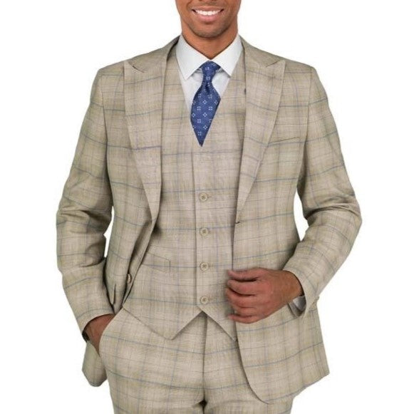 New York Man Italian Designer Tan Plaid 2 Piece Peak Lapel Suit (available in Slim or Modern fit)