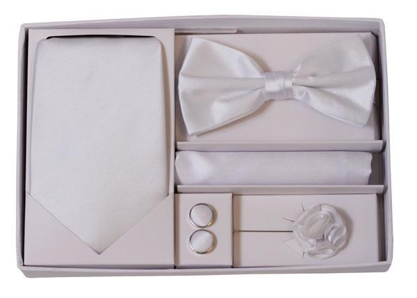 Adolfo 5 Piece White Set - Tie - Bow Tie - Flower Lapel Pin - Cufflinks & Hanky Box Set-White