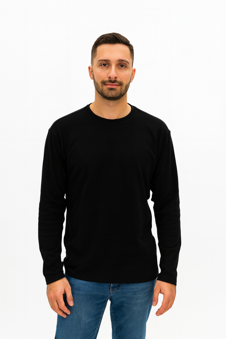 Brain Uomo Pima Cotton Crew Neck Long Sleeve T-Shirt - shirt in Black | New York Man Suits