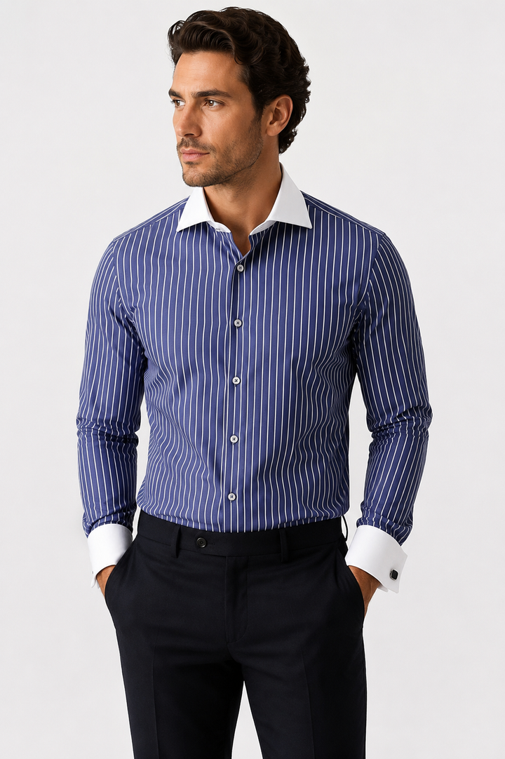 Canellto Made In Italy Strped White Collar French Cuff D.Sht - shirt in Charc Stripe | New York Man Suits