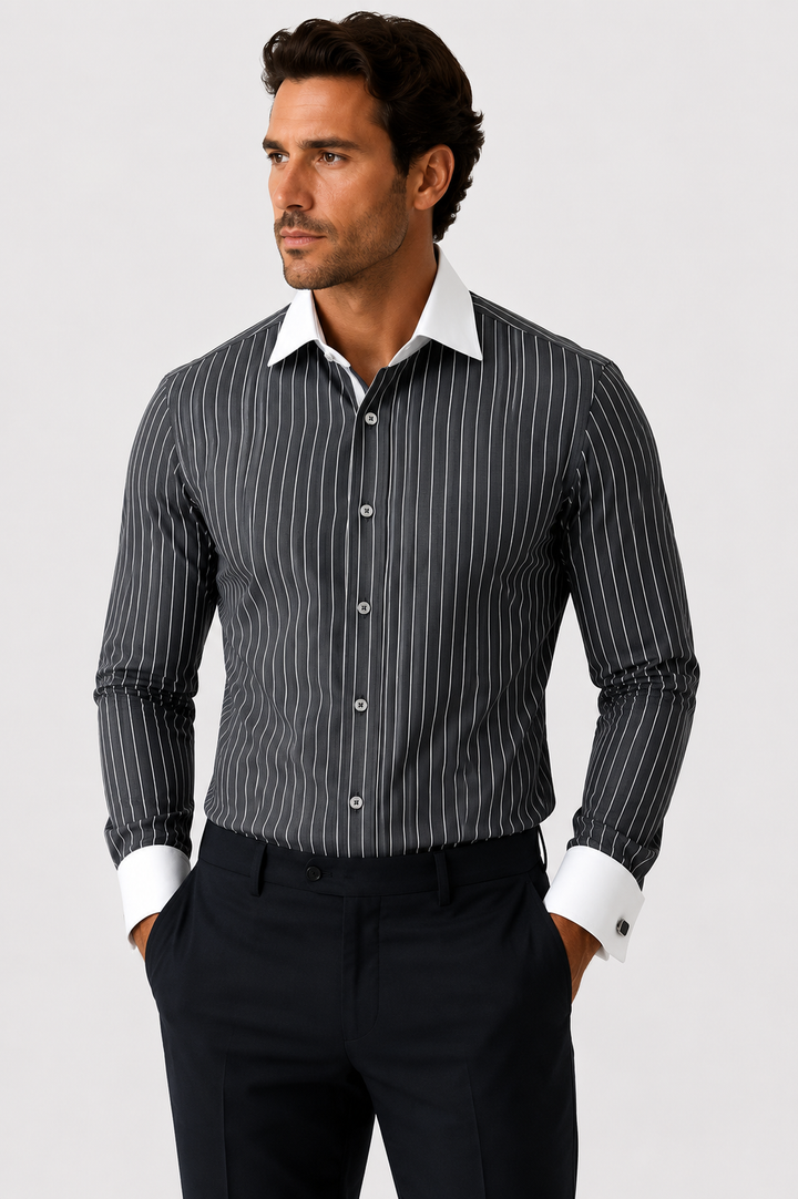 Canellto Made In Italy Strped White Collar French Cuff D.Sht - shirt in Charc Stripe - view 2 | New York Man Suits