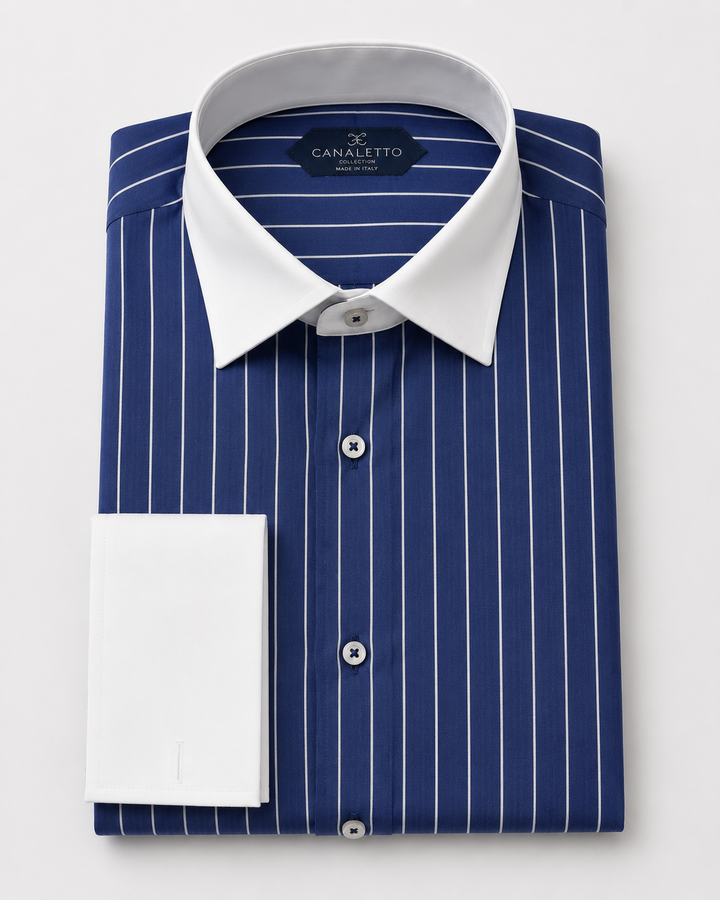 Canellto Made In Italy Strped White Collar French Cuff D.Sht - shirt in Charc Stripe - view 3 | New York Man Suits