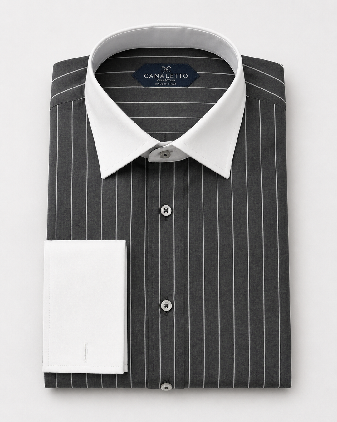 Canellto Made In Italy Strped White Collar French Cuff D.Sht - shirt in Charc Stripe - view 4 | New York Man Suits