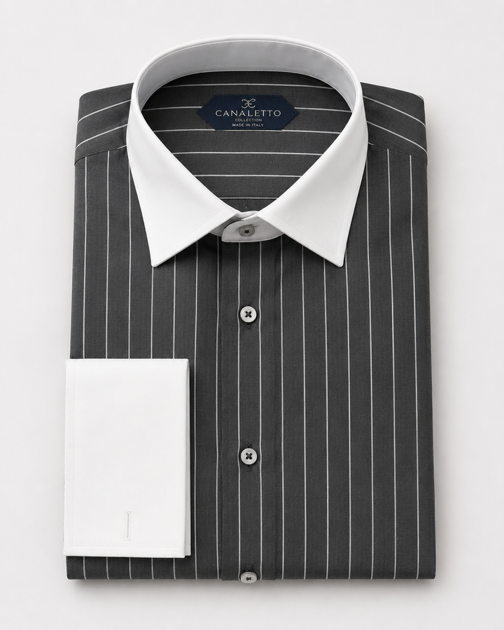 Canellto Made In Italy Strped White Collar French Cuff D.Sht - shirt in Charc Stripe - view 4 | New York Man Suits