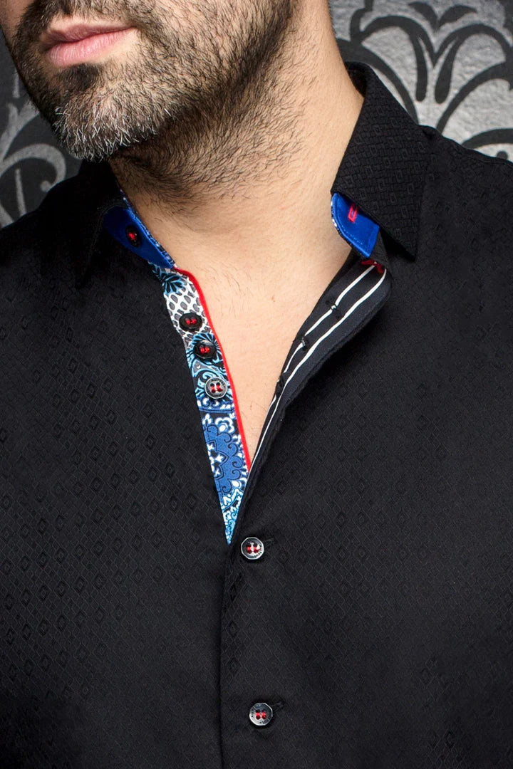 Au Noir "Adjani" Woven Long Sleeve Sport Shirt - Black - shirt - view 2 | New York Man Suits
