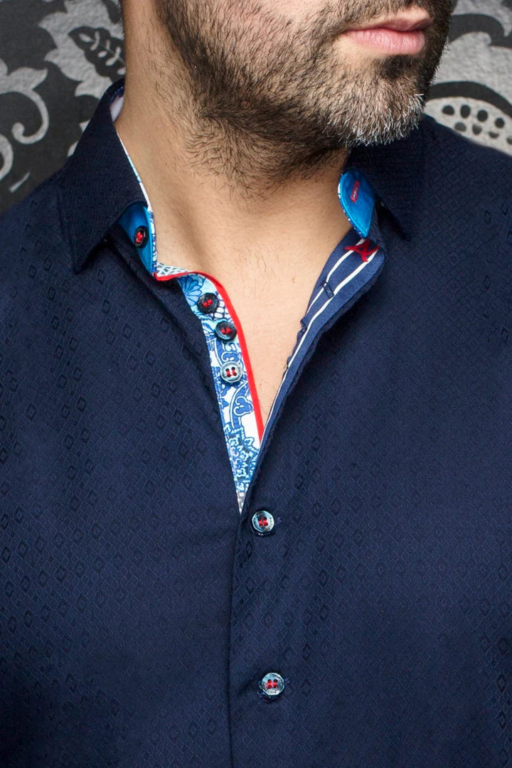 Au Noir "Adjani" Woven Long Sleeve Sport Shirt - Navy - shirt - view 2 | New York Man Suits