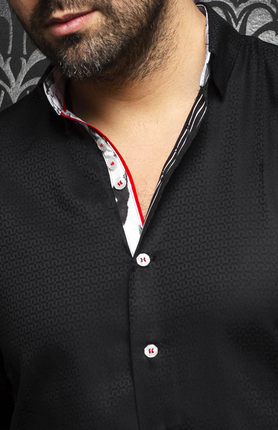 Men`s Shirt Au Noir Button Down Cotton Stretch Knit Long Sleeve-Black