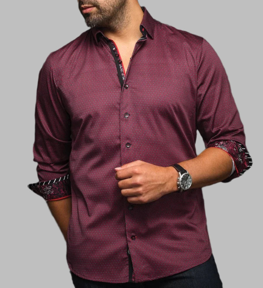 Au Noir Button Down Cotton Stretch Knit Long Sleeve-Red - sweater | New York Man Suits
