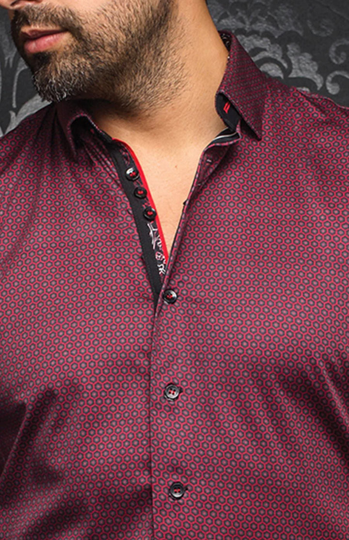 Men`s Shirt Au Noir Button Down Cotton Stretch Knit Long Sleeve-Red