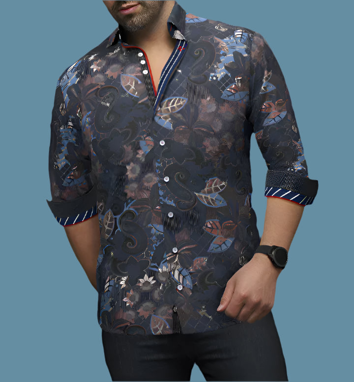 Au Noir "Machado" Woven Long Sleeve Sport Shirt - Navy Rust - shirt | New York Man Suits