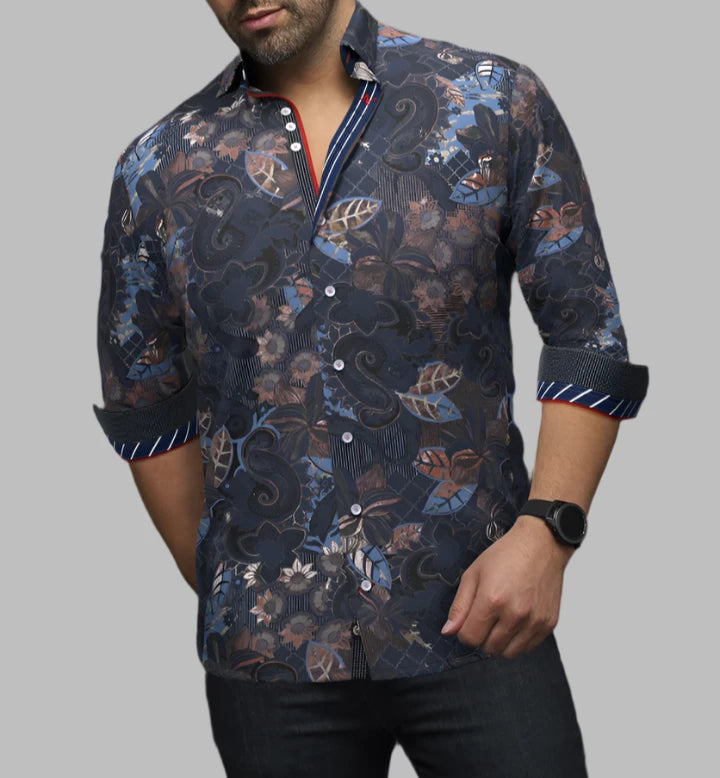 Au Noir "Machado" Woven Long Sleeve Sport Shirt - Navy Rust