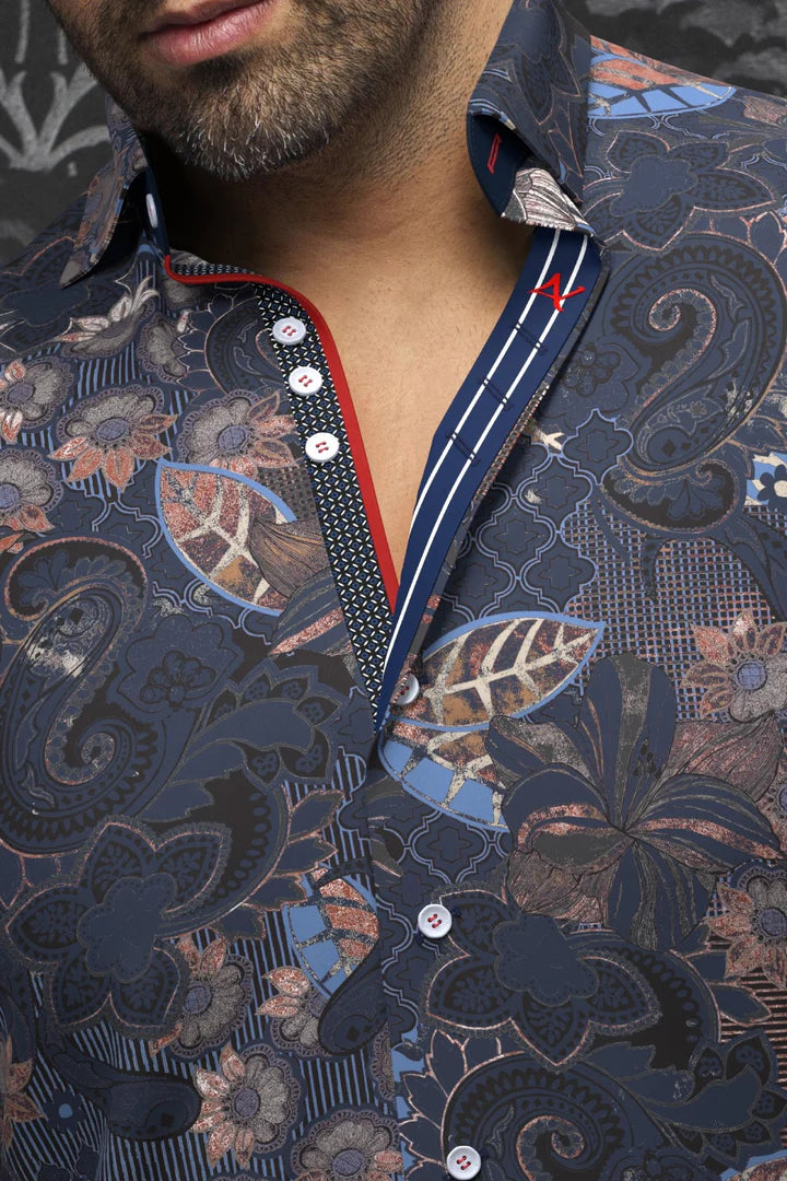 Au Noir "Machado" Woven Long Sleeve Sport Shirt - Navy Rust - shirt - view 2 | New York Man Suits