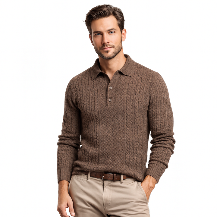 Cigar Knitted Fancy Cable Polo Sweater-Coffee - sweater - view 2 | New York Man Suits