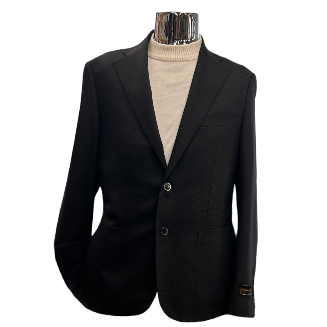 Tiglio Black 2 Button Modern Fit half lined, Pure Wool Sport Jacket Jacket by Tiglio Luxe Clearance Sale