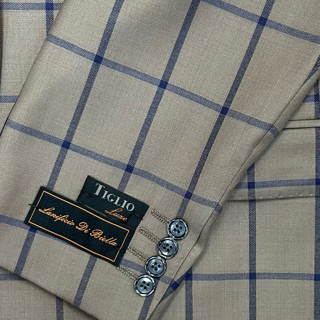 Tiglio Italian Window Pane Wool Modern Fit Sport Jacket - Taupe/Mavu WP