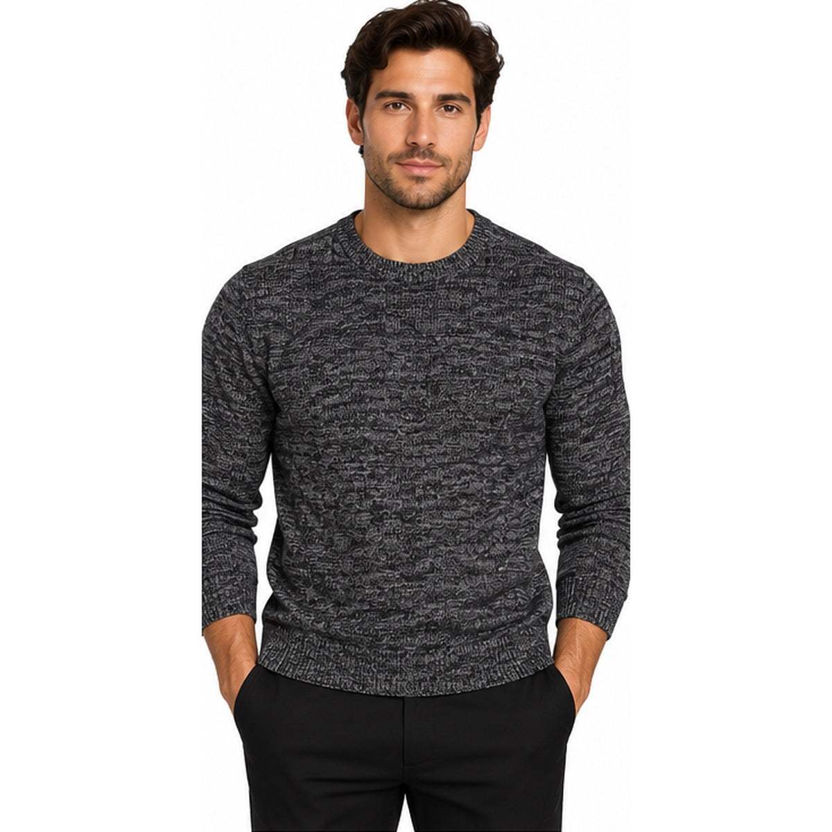 Lavane men's marble knit crew neck sweater in black - front view, worn by model