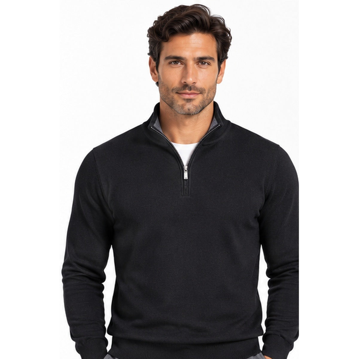 Luchiano Visconti men's quarter zip sweater in black - front view, worn by model