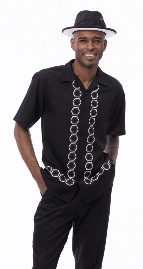 Montique Mens Fancy 2 Piece Leisure Walking Suit Set Short Sleeve-BLACK - walking suit | New York Man Suits
