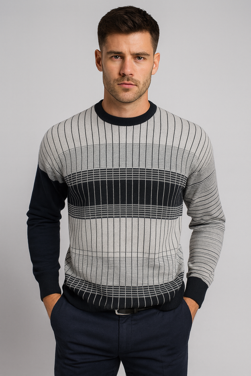 New York Man Fancy Printed CrewMock Long Sleeve - menswear in Black | New York Man Suits