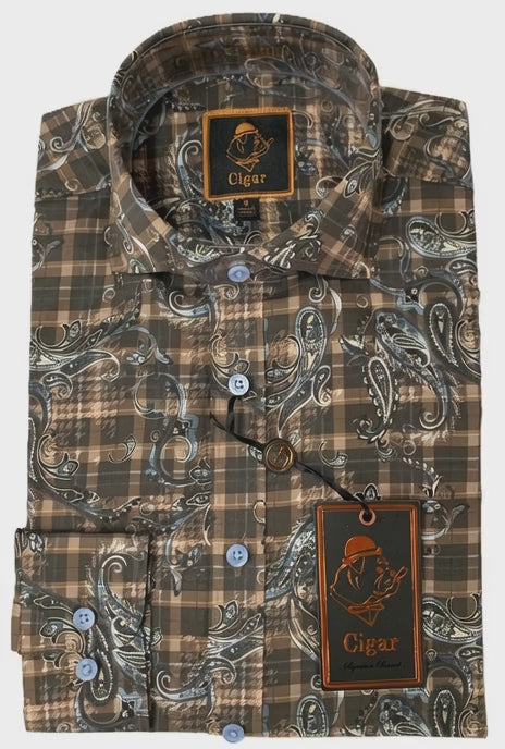 Cigar Fancy Long Sleeve Printed Button Down Shirts-Brown