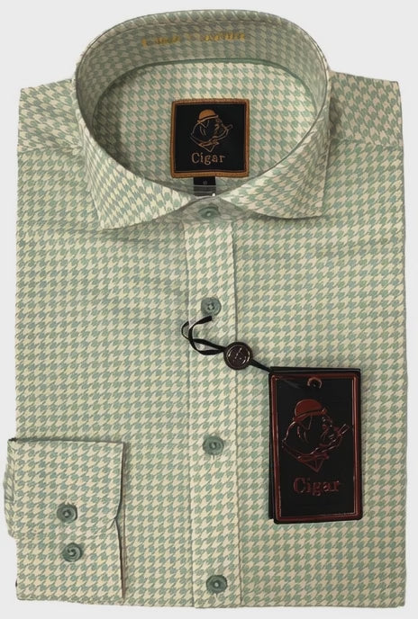 Cigar Fancy Long Sleeve Printed Button Down Shirts-Sage