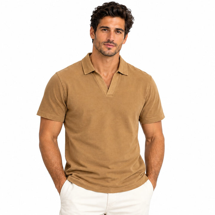 Scotch &amp; Soda Johnny collar polo shirt in camel - front on model