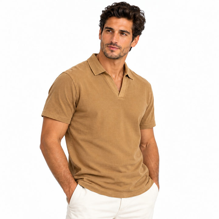 Scotch &amp; Soda Johnny collar polo shirt in camel - angled view