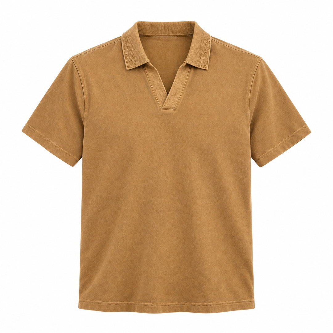 Scotch &amp; Soda Johnny collar polo shirt in camel - flat lay