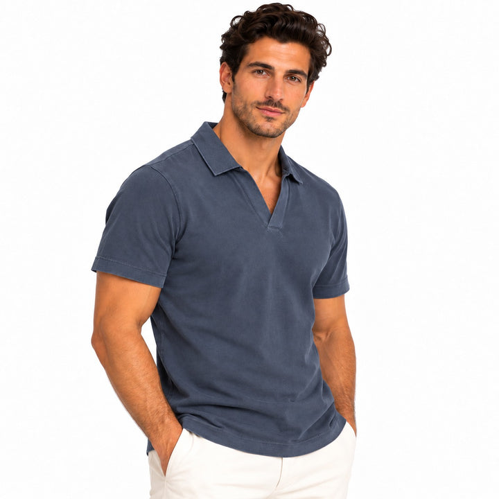 Scotch &amp; Soda Johnny collar polo shirt in navy - front on model